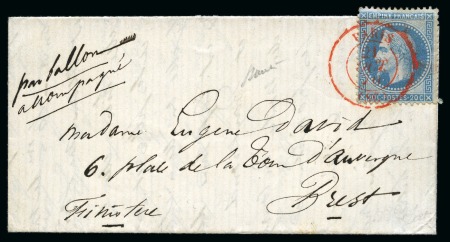 Stamp of France » Guerre de 1870-1871 LE COLONEL CHARRAS Ballon monté avec 20c Lauré obl. Paris SC rouge 31.10.1870 pour Brest, càd d'arrivée du 04.11 au dos, TB, signé Baudot