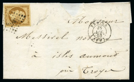 Stamp of France 1852 10c Présidence, bien margé, obl. PC sur lettre de Troyes 28.12.1853 pour Isles-Aumont, petit manque de papier proprement comblé en haut de l'enveloppe, TB, signé Baudot