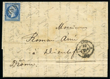 Stamp of France Cachet d'essai de Lyon 1818 délié sur 20c Empire ND sur lettre de Lyon 22.02.1855 pour Dieulefit, càd d'arrivée au dos, TB, rare, signé Baudot