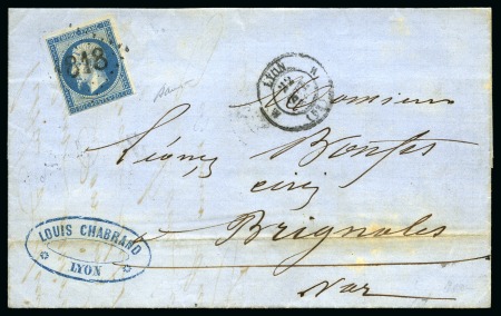 Stamp of France 1862 Cachet d'essai de Lyon 1818 baton sur 20c Empire ND sur lettre de Lyon 22.02.1862 pour Brignolles, càd d'arrivée au dos, TB, signé Baudot
