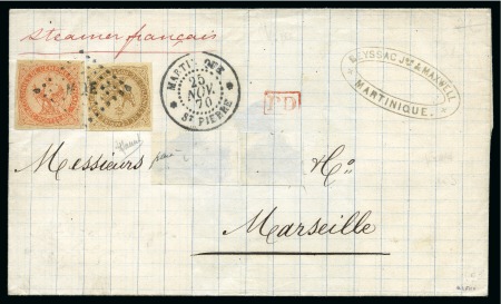 Stamp of Colonies françaises » Martinique 1870 Lettre de St Pierre 25.11.70 pour Marseille avec 10c +40c Aigle obl. losange MQE, PD rouge, adresse effacée, càd Marseille 16.12 au dos, TB, signé Jamet, Baudot