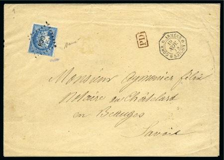 Stamp of Colonies françaises » Indochine 1874 25c Cérès obl. CCH sur enveloppe pour le Chatelard en Savoie avec càd CORR D'ARMEES 19 nov 74 SAIGON, PD rouge, au dos rare càd Marseille à Lyon special 23.12 et arr., TB