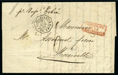 Stamp of Colonies françaises » Alexandrette 1868-1872, Lot de 3 lettres sans timbres pour la France : avec càd Alexandrette 18 nov 68 P. FR. X N°2, ou Alexandrette 13 juil 68 P. FR. X N°4, ou Alexandrette 7 aout 72 P. FR. X N°4 en bleu, TB, signés Baudot (3)