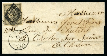 Stamp of France 1849 20c Gris obl. grille sur lettre de Jussey 12.10.1849 pour Chalon sur Saône, càd Vesoul 12.10, Besançon 13.10, et arr. 14.10 au dos, TB, signé Baudot