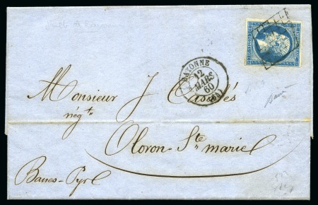 Stamp of France Grille de Bayonne sur 20c Empire ND sur lettre de Bayonne 12.03.1860 pour Oloron Ste Marie, caïd Pau 13.03 et arr. au dos, TB, signé Baudot