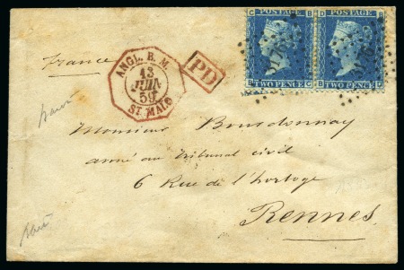 Stamp of France 1859 Grande-Bretagne 2p bleu en paire obl. PC 3176 sur enveloppe pour Rennes avec càd rouge d'entrée Angl. B.M 13 juin 1859 St Malo, arr. 14.06 au dos, B/TB, signé Baudot