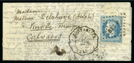Stamp of France » Guerre de 1870-1871 Pli confié du MONTGOLFIER avec 20c Lauré obl. losange BES P (Besançon à Paris), rare càd convoyeur-station Pontarlier (Doubs) pour Vierville, càd perlé au dos Viervile s Mer 03.11.70, superbe, très rare, signé 
