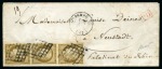 Stamp of France 1849 10c Cérès en bande de trois obl. grille de Wissembourg 06.06 pour Neustadt, Palatinat du Rhin, PD rouge, cachet d'arrivée Neustadt du même jour, TB, très rare, signé Baudot