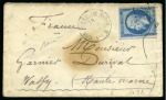 Stamp of France Unique cachet Corps Exp de Syrie Bau B du 24.03.1861 avec losange CES B sur 20c Empire ND sur enveloppe pour la Haute-Marne, transit et arrivée du 03.04 au dos, TB, inconnu jusqu'ici