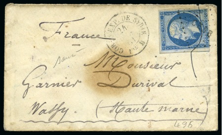 Stamp of France Unique cachet Corps Exp de Syrie Bau B du 24.03.1861 avec losange CES B sur 20c Empire ND sur enveloppe pour la Haute-Marne, transit et arrivée du 03.04 au dos, TB, inconnu jusqu'ici