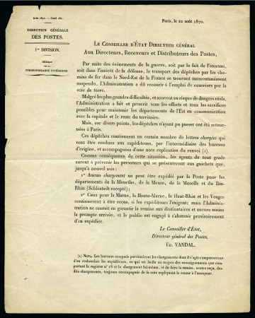 Stamp of France » Guerre de 1870-1871 Exceptionelle papillon de l'Administration des Postes indiquant que le chargement ne peut être distribué par suite des faits de guerre sur lettre chargée de Dun le Palleteau 23.10.1870 pour Monterau, Seine et Marne, a