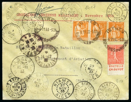 Stamp of France 1933 CROISIERE NOIRE DU GENERAL VUILLEMIN avec timbres obl. Astres 06.11.33 avec 16 escales du Niger, Sénégal, Soudan, Algérie, Tunisie, signé du Commandant Girier, très beau, très rare