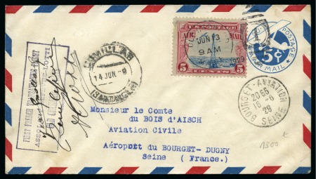 Stamp of France 1929 NEW-YORK PARIS, aérogramme transporté par l'OISEAU CANARI des aviateurs Assolant-Lefevre-Lotti lors de leur traversée de l'Atlantique, de Old Ochard (USA) à Comillas (Santander, Espagne) du 13 au 14 juin 1929, s