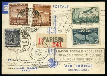 Stamp of France 1937 Carte postale Air France avec afft mixte France (dont Yv. 321) et Chili, griffe "Liaison postale accélérée France - Amérique du Sud Novembre 1937", TB