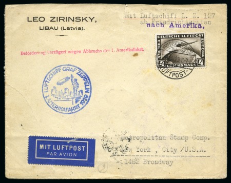 Stamp of Germany » German Empire » German Empire, 1923/32 Weimar Republic 1929 Zeppelin Flight from Latvia with 4Rm brown tied by F'hafen 15.05.29 cds to New York, rare red pmk "Beförderung verzögert ween Abbruchs des 1. Amerikafahrt.", New York 05.08.29 cds, very fine, scarce
