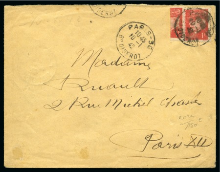 Stamp of France 1942 Moitié de 1F Pétain coupé sur lettre avec 1F pour faire le tarif 1F50 de Paris 10.01.42 pour Paris, TB