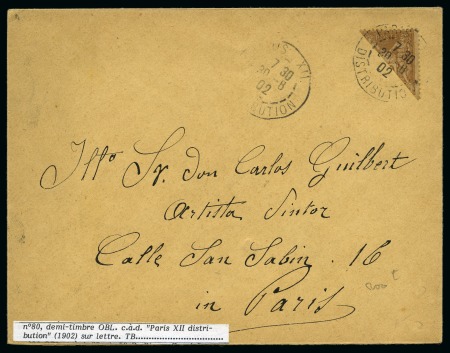 Stamp of France Moitié de 30c Sage obl. Paris 30.08.1902 sur lettre pour Paris, arr. au dos, TB, rare