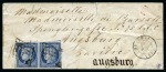 Stamp of France 1849 25c bleu en paire (touché) obl. grille sur lettre d'Obernai 28.04.1851 pour Augsbourg en Bavière, càd d'arr. 30.04 au dos, B/TB, signé Baudot