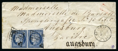 Stamp of France 1849 25c bleu en paire (touché) obl. grille sur lettre d'Obernai 28.04.1851 pour Augsbourg en Bavière, càd d'arr. 30.04 au dos, B/TB, signé Baudot