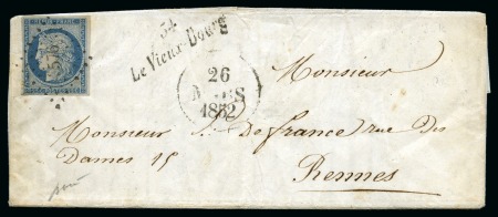 Stamp of France 1849 25c bleu obl. PC 576, cursive 34 LE VIEUX BOURG, dateur 26 mars 1852 sur lettre pour Rennes, TB, signé Baudot
