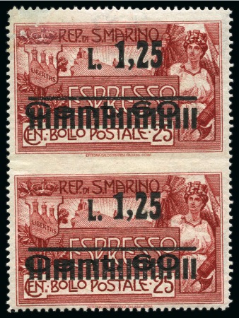 Stamp of Italy » San Marino SAN MARINO 1927 Express 1L25 on 60c on 25c vertical pair IMPERFORATE in middle