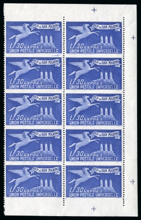 Stamp of Italy » San Marino SAN MARINO 1946 Express 30L IMPERFORATE in MNH corner mgn block of 10