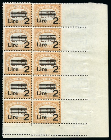 Stamp of Italy » San Marino SAN MARINO 1936-1939 Postage Dues 2L on 15L MNH corner block of 10