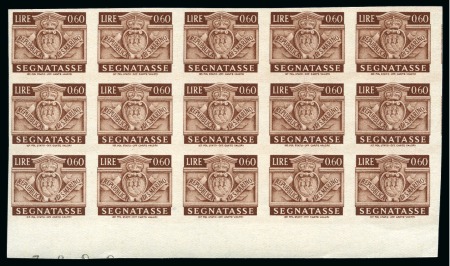 Stamp of Italy » San Marino SAN MARINO 1945 Postage Dues 0,60L in IMPERFORATE bottom margin block of 15