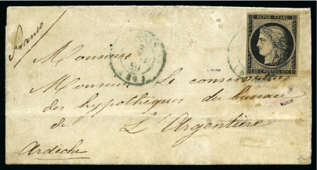 Stamp of France 03.01.1849 20c noir oblitéré par le rare cachet bleu de