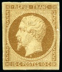 Stamp of France 1852 10c Présidence, neuf, réparé mais très bel aspect, le timbre de France le plus rare en neuf
