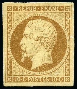 Stamp of France 1852 10c Présidence, neuf, réparé mais très bel aspect, le timbre de France le plus rare en neuf