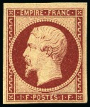 Stamp of France 1853, Empire 1F carmin foncé, neuf avec gomme quasiment