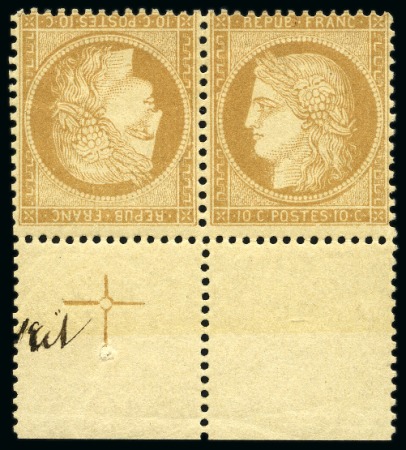Stamp of France 1870 10c Siège en paire TETE-BECHE avec bord de feuille portant Croix de repère, neuf, TB, rare, cert. Roumet