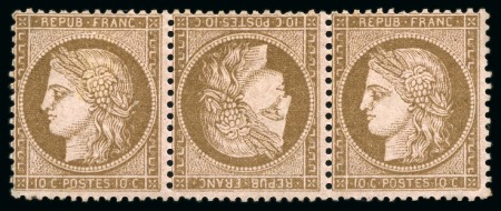 Stamp of France 1871-75 Cérès 10c brun sur rose en paire TETE-BECHE au centre d'une bande de trois, neuf, TB, très frais, cert. Roumet