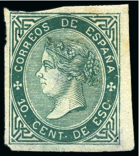 Stamp of Spain ONE OF ONLY THREE KNOWN IMPERFORATE EXAMPLES RECORDED 1867 Isabel II IMPERFORATE 10c green, clear to very large margins, fresh deep shade, unused, light thin on reverse otherwise very fine. An extraordinarily rare stamp 