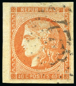 Stamp of France Superbe variété BEC DE LIEVRE sur 40c Bordeaux rouge