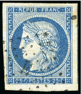 Stamp of France 1849 25c bleu, 4 très beaux exemplaires avec voisin
