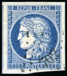 Stamp of France 1849 25c bleu, 4 très beaux exemplaires avec voisin
