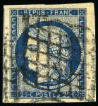 Stamp of France 1849 25c bleu, 4 très beaux exemplaires avec voisin