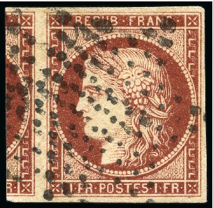 Stamp of France 1849 1F carmin foncé avec grand voisin à gauche,