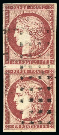Stamp of France 1849 1F carmin CERISE en paire obl. gros points, TB,