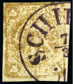 Stamp of Persia » 1868-1879 Nasr ed-Din Shah Lion Issues » 1878-79 Five Kran Stamps (SG 40-43) (Persiphila 30-37) 1878-79 5 Krans gold, used with magenta SCHIRAS/7.3 cds