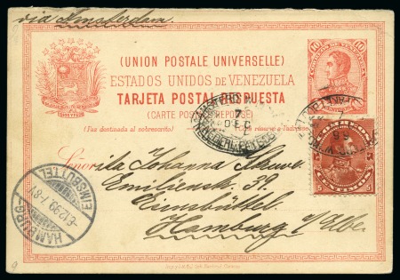 Stamp of Venezuela 1899 Postal stationery answer card 10C + additional fkg. 5C with Paquebot cancel