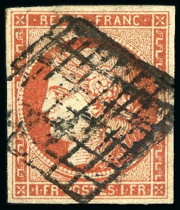 Stamp of France » Type Cérès de 1849-1850 1849, 1 franc VERMILLON VIF oblitération grille, bien