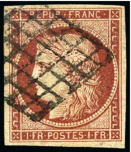 Stamp of France 1849 1F ROUGE BRUN avec une nuance extrême du rouge