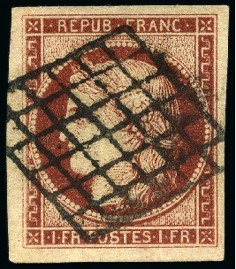 Stamp of France 1849 1F carmin brun, obl. grille, bien margé, superbe