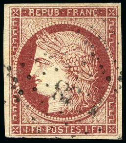 Stamp of France 1849 1F carmin foncé, obl. grille, bien margé, TB,