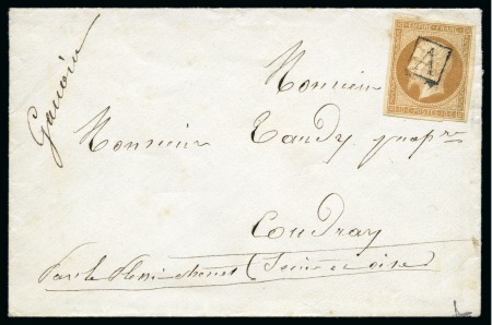 Stamp of France 10c Empire ND obl. lettre A dans un carré sur enveloppe