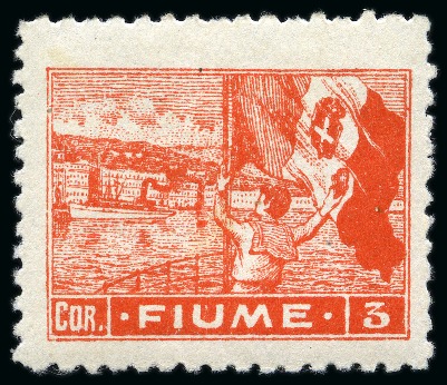 Stamp of Italy » Italy Fiume ITALY - FIUME 1919 3cor on better quality paper (carta C) w. rare perf. 10 1/2, mint hinged