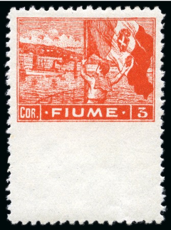 Stamp of Italy » Italy Fiume ITALY - FIUME 1919 3Cor on better quality paper (carta C) in rare perf. 10 1/2 with strongly shifted bottom horizontal perf.